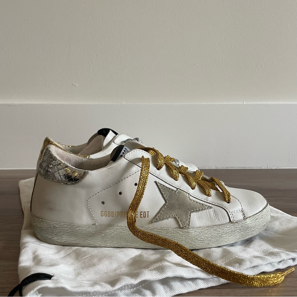 Golden Goose White Sneakers with Gold and Silver Laces
